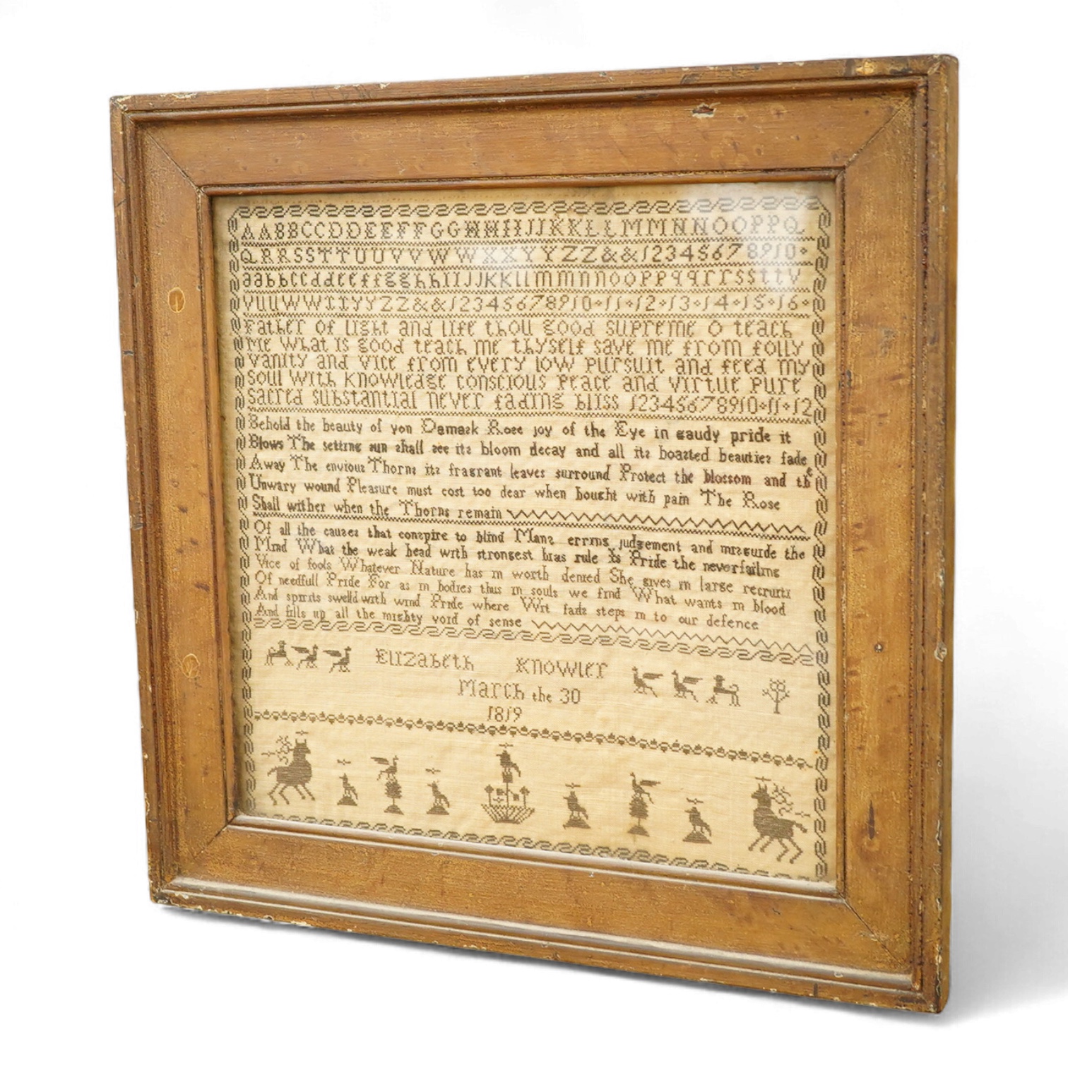A 19th century framed sampler by Elizabeth Knowles, 31cm sq